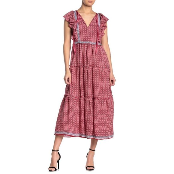 NWT Max Studio Flutter Sleeve Tiered Midi Dress XS 70s Bohemian Cottagecore - Picture 1 of 10